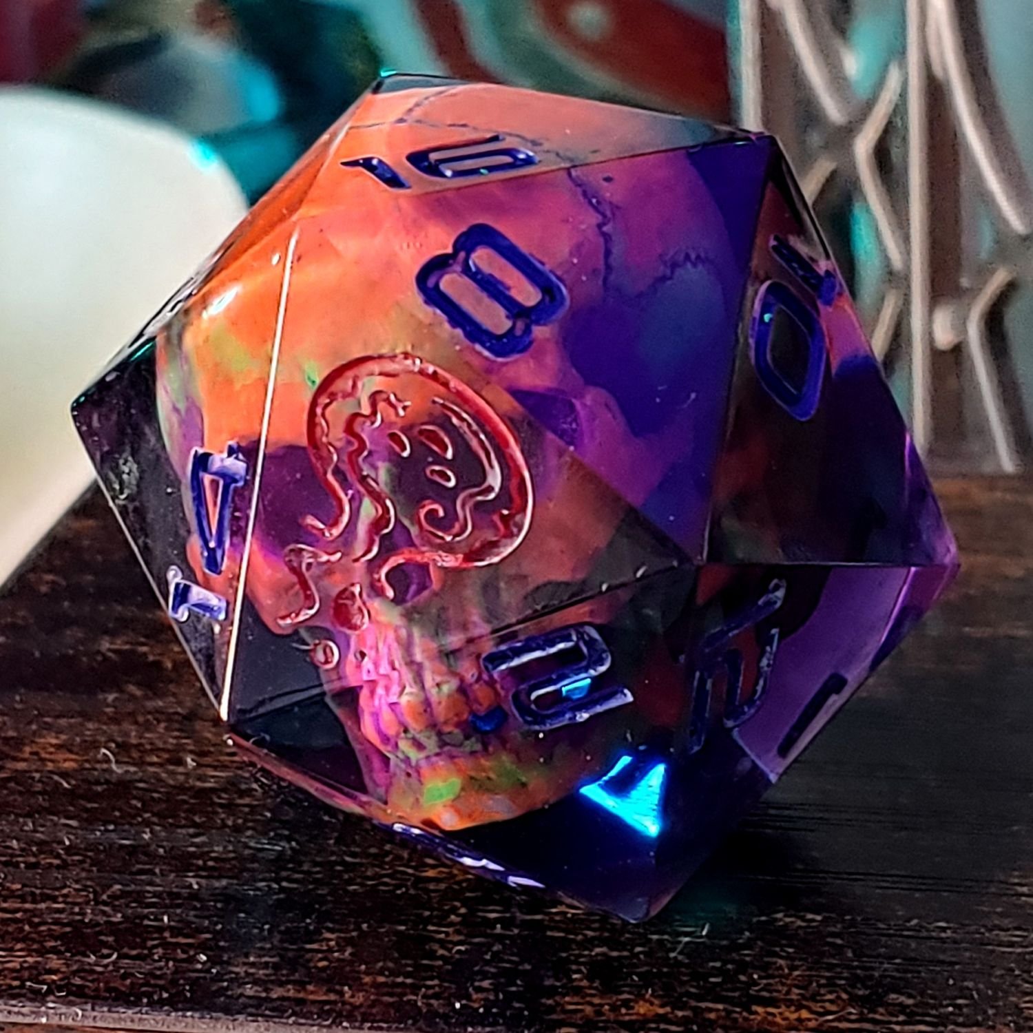Neon Orange and Purple Skull Chonky D20 - Image 3